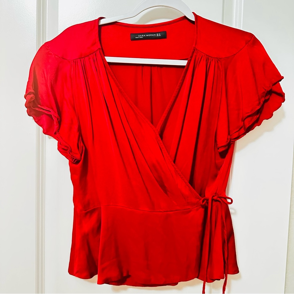 ZARA Red Short Sleeve Wrap Blouse – Women’s Size XL